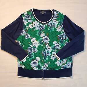 Lands End Supima Cotton Floral Polka Dot Cardigan Sweater Navy Green XL Petite
